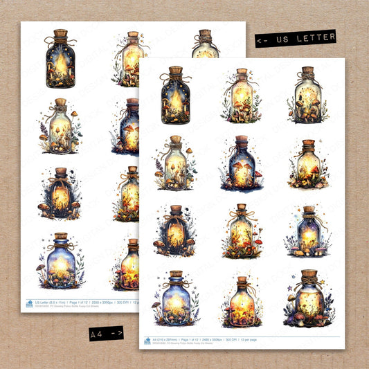 A4 and US Letter format comparison showing Glowing Potion Bottle fussy cut pages for print and cut crafting