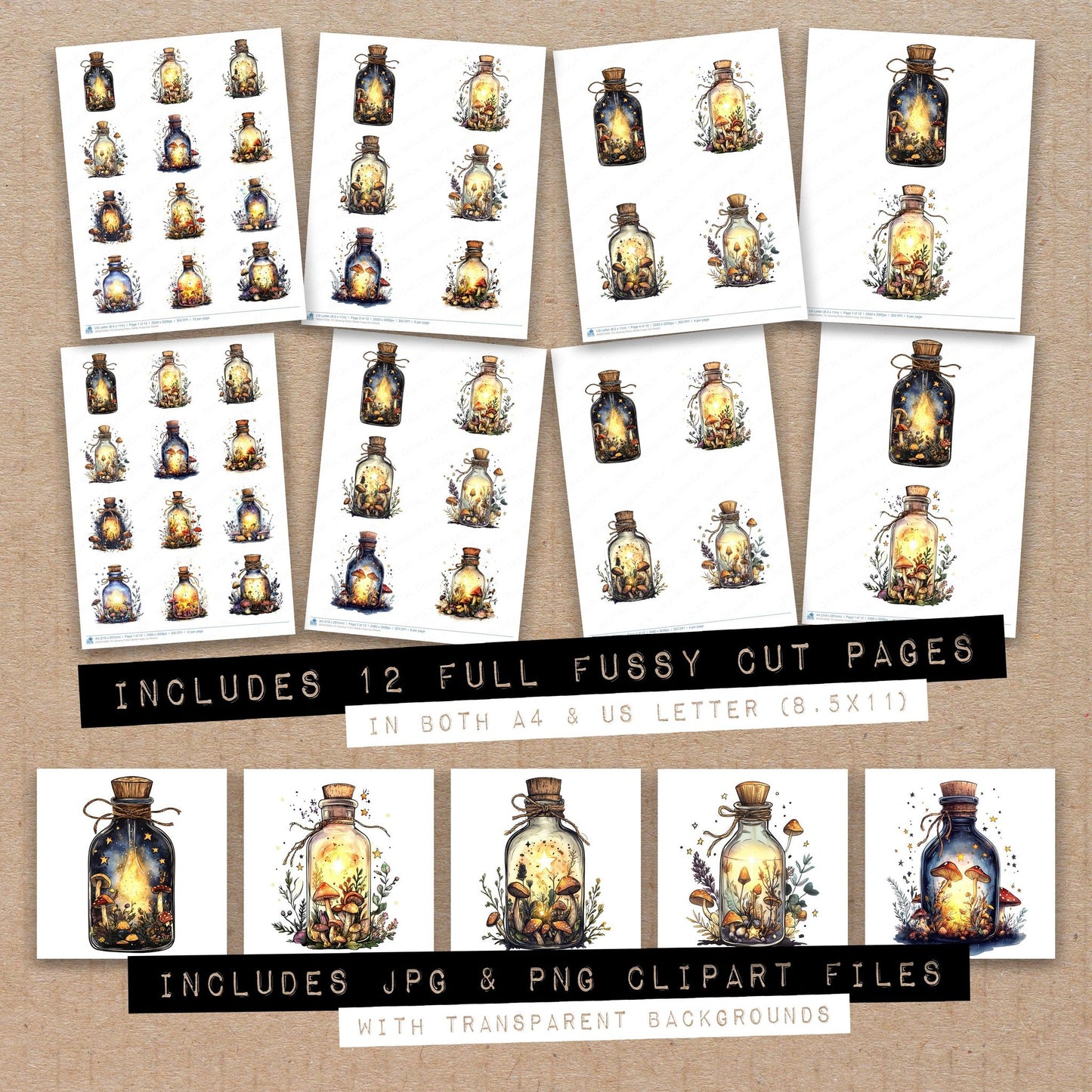 Full collection view of Glowing Potion Bottle fussy cut sheets with bonus clipart JPG and PNG files