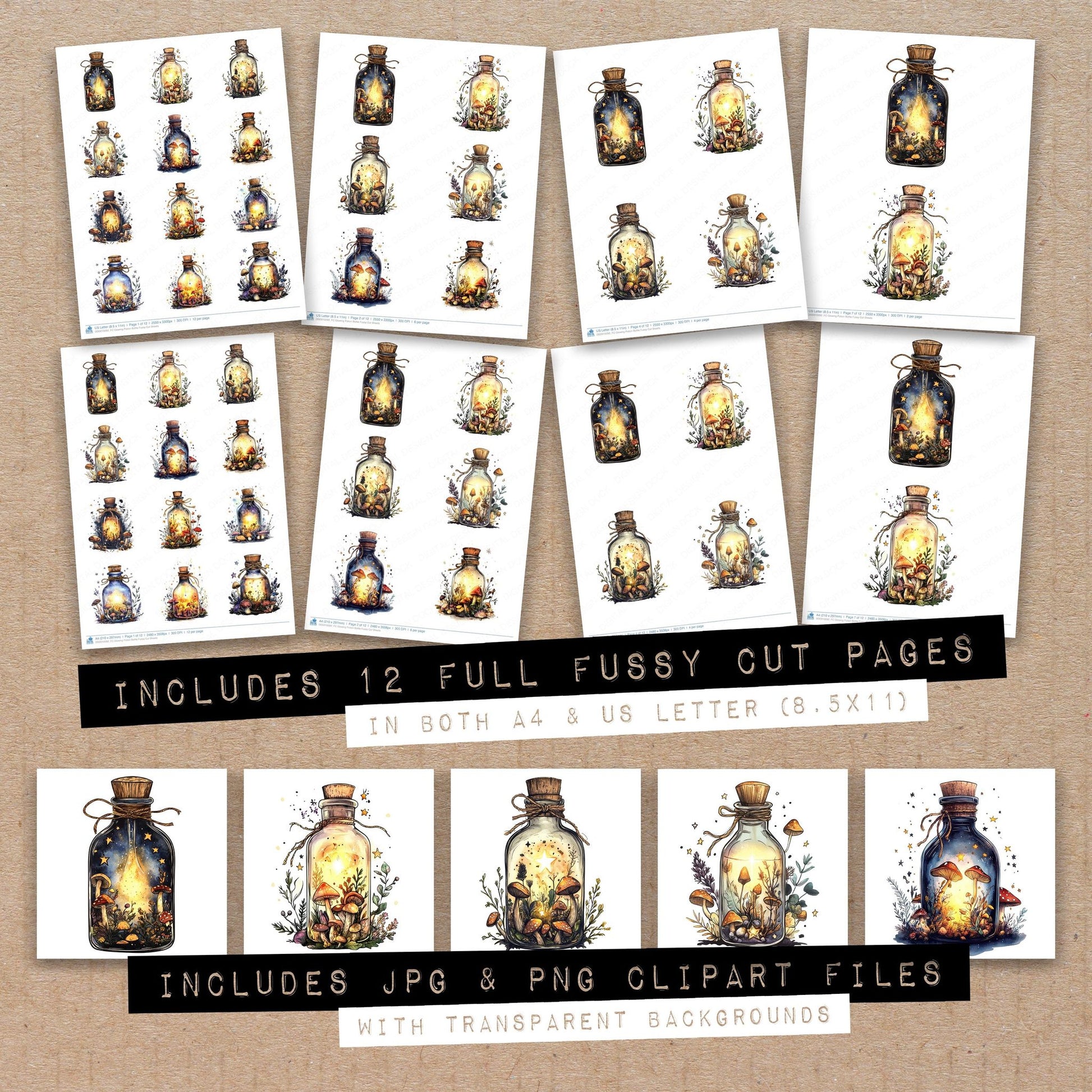 Full collection view of Glowing Potion Bottle fussy cut sheets with bonus clipart JPG and PNG files