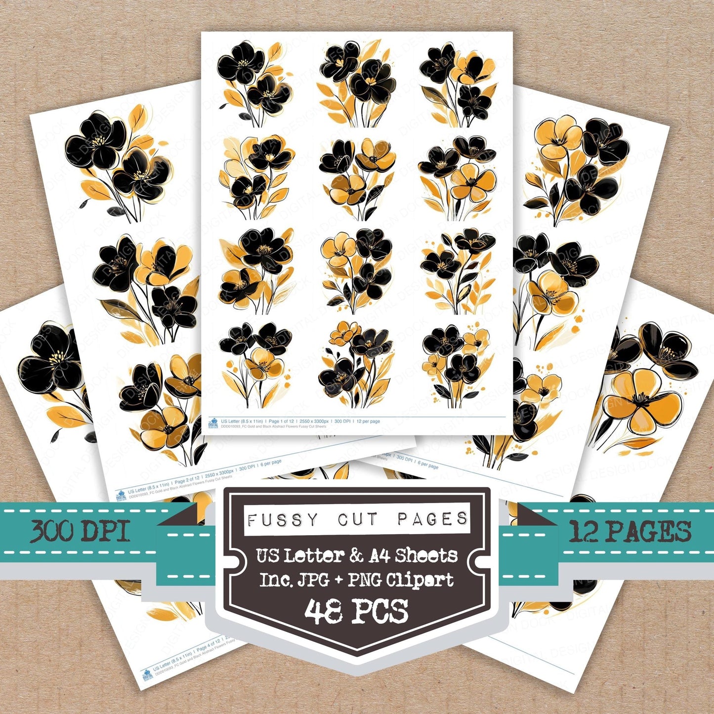 Gold and Black Abstract Flowers Fussy Cut Sheets (DDD010093)