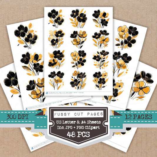 Gold and Black Abstract Flowers Fussy Cut Sheets (DDD010093)