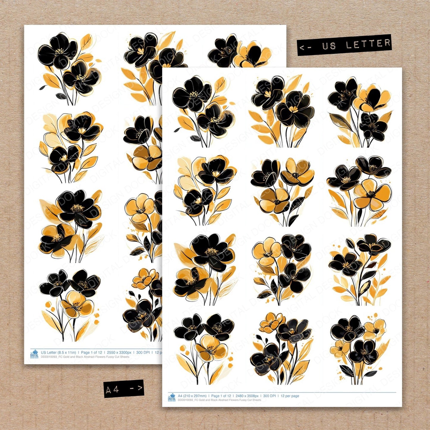 Gold and Black Abstract Flowers Fussy Cut Sheets (DDD010093)