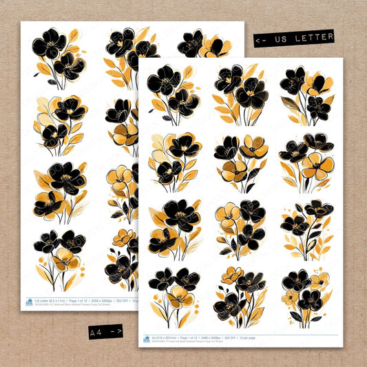 Gold and Black Abstract Flowers Fussy Cut Sheets (DDD010093)