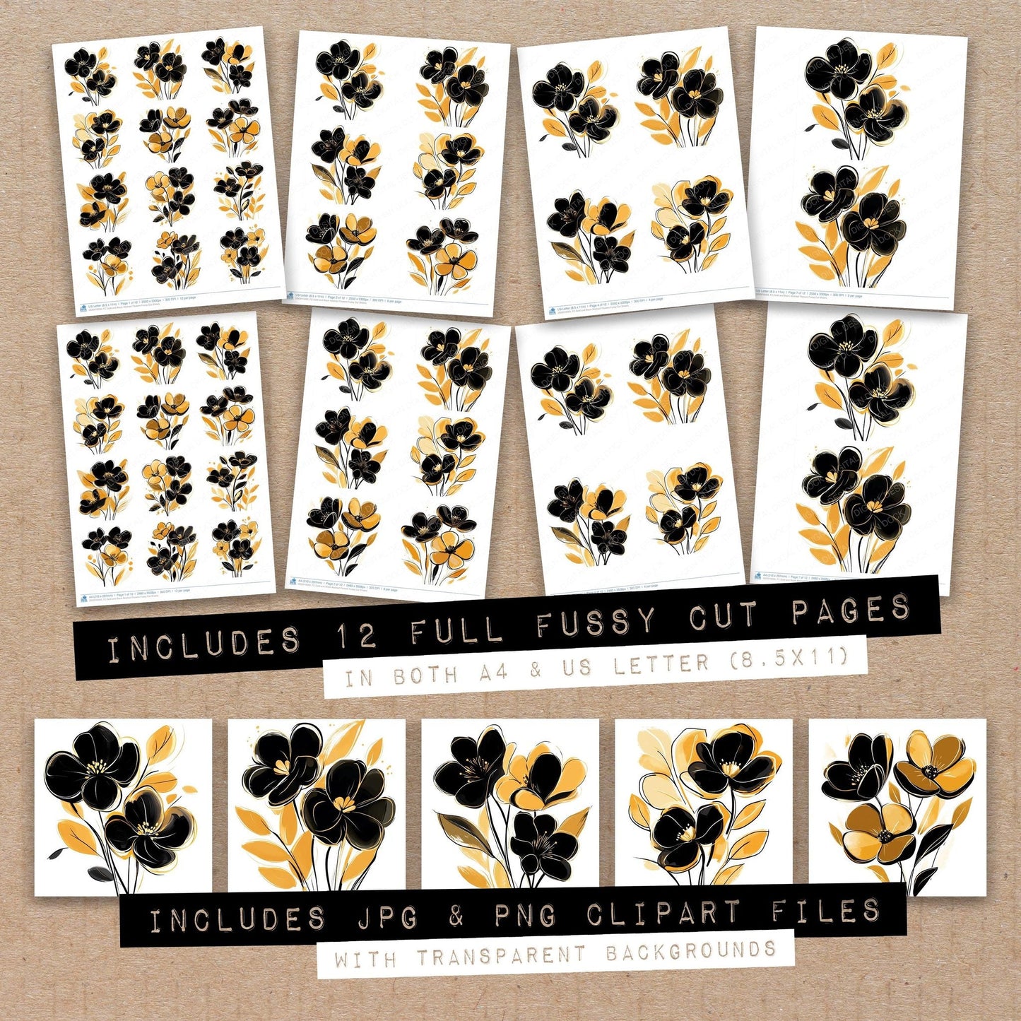 Gold and Black Abstract Flowers Fussy Cut Sheets (DDD010093)