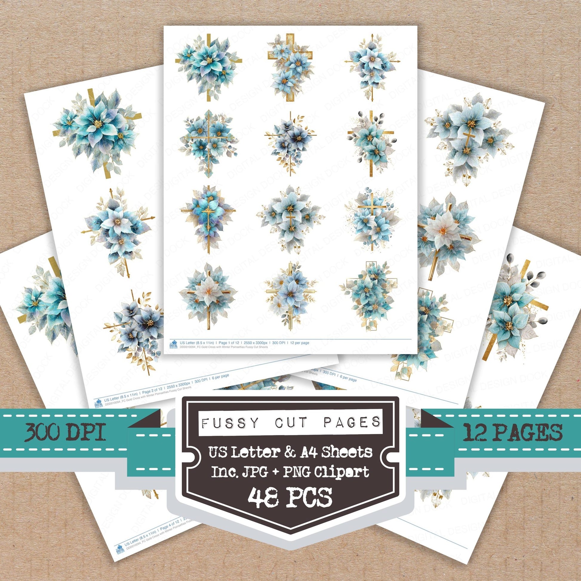 Gold Cross with Winter Poinsettias fussy cut printable sheets for junk journaling, scrapbooking, and paper craft projects