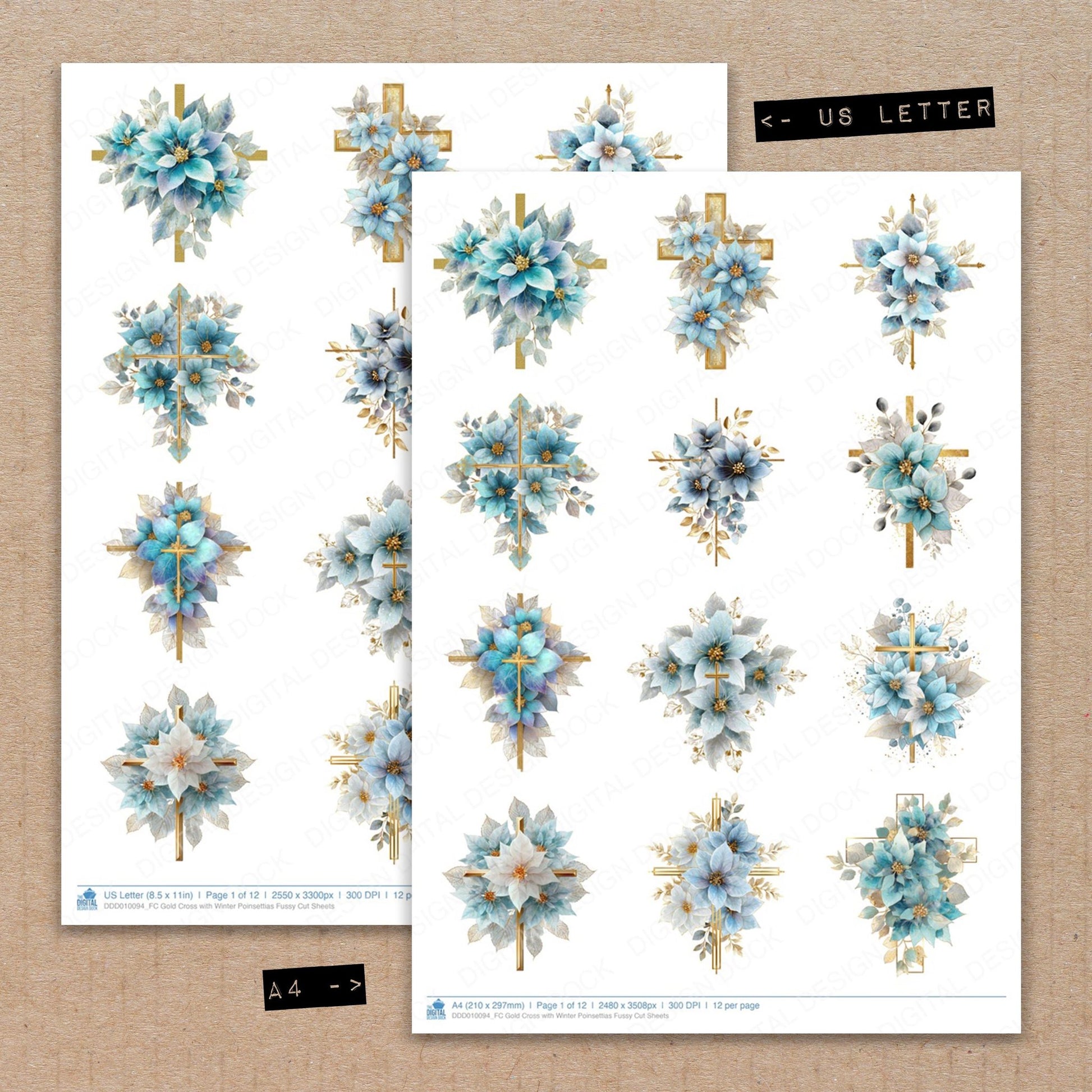 A4 and US Letter format comparison showing Gold Cross with Winter Poinsettias fussy cut pages for print and cut crafting