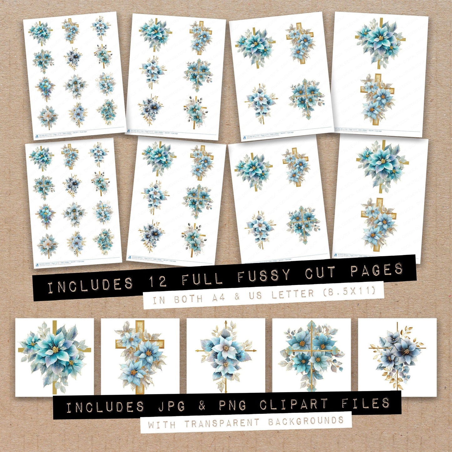 Full collection view of Gold Cross with Winter Poinsettias fussy cut sheets with bonus clipart JPG and PNG files
