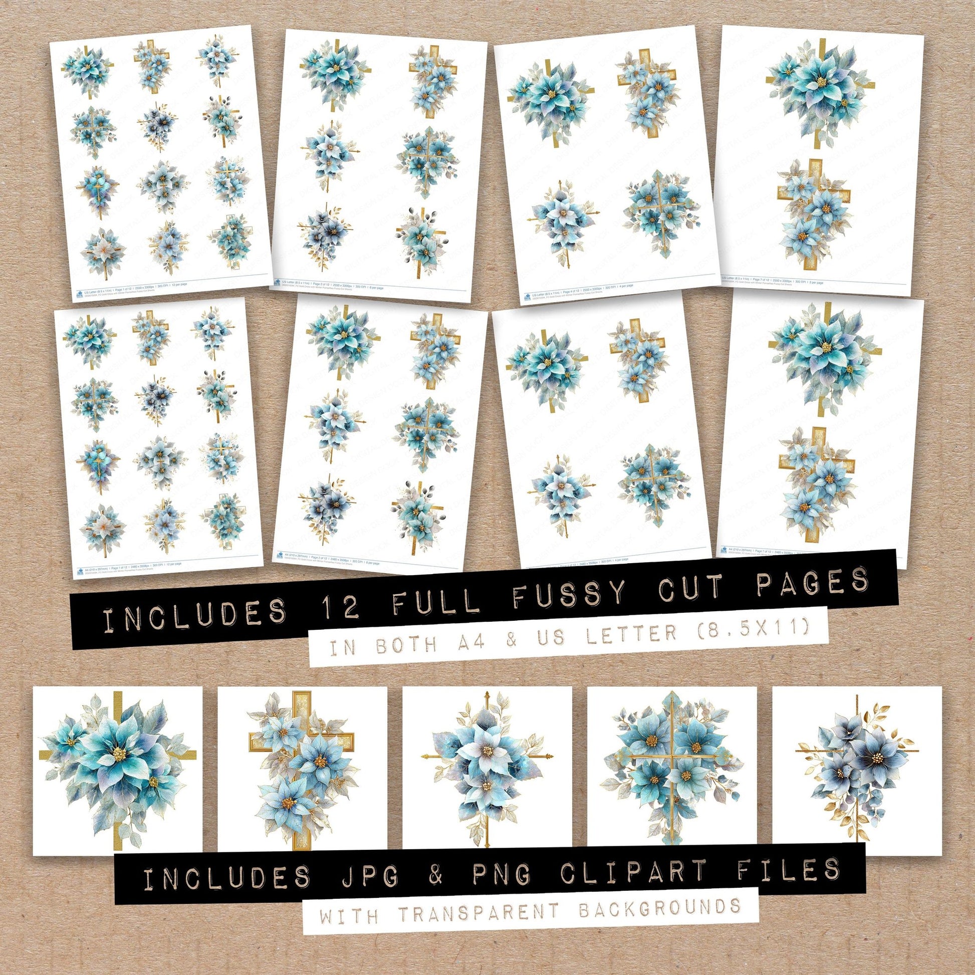 Full collection view of Gold Cross with Winter Poinsettias fussy cut sheets with bonus clipart JPG and PNG files