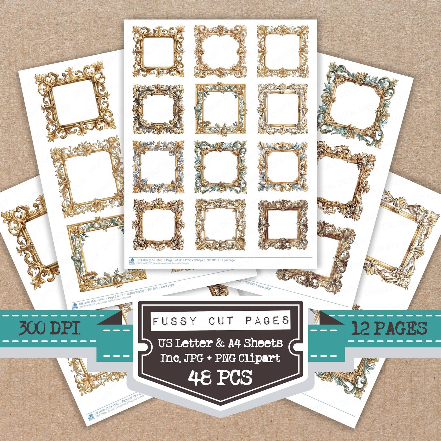 Gold Ornate Frame fussy cut printable sheets for junk journaling, scrapbooking, and paper craft projects
