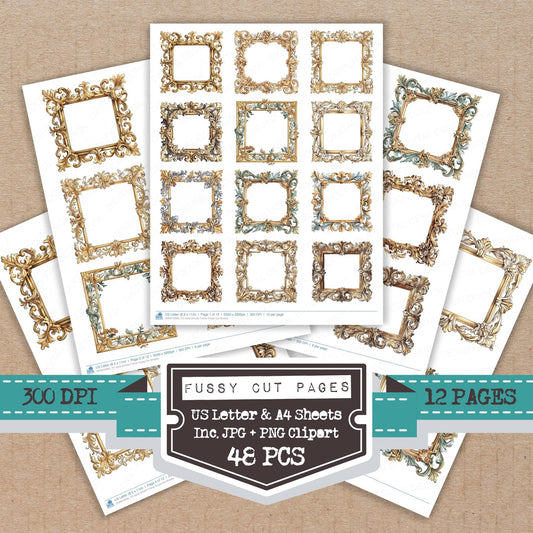 Gold Ornate Frame fussy cut printable sheets for junk journaling, scrapbooking, and paper craft projects