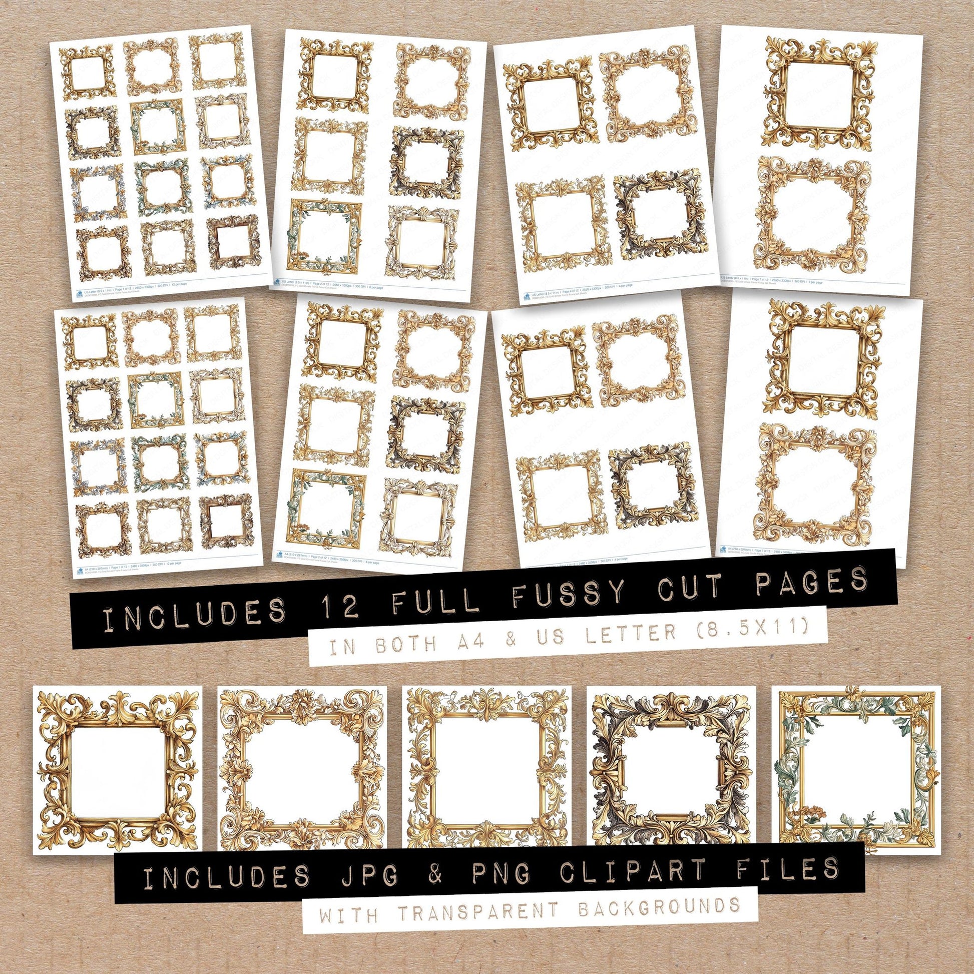 Full collection view of Gold Ornate Frame fussy cut sheets with bonus clipart JPG and PNG files