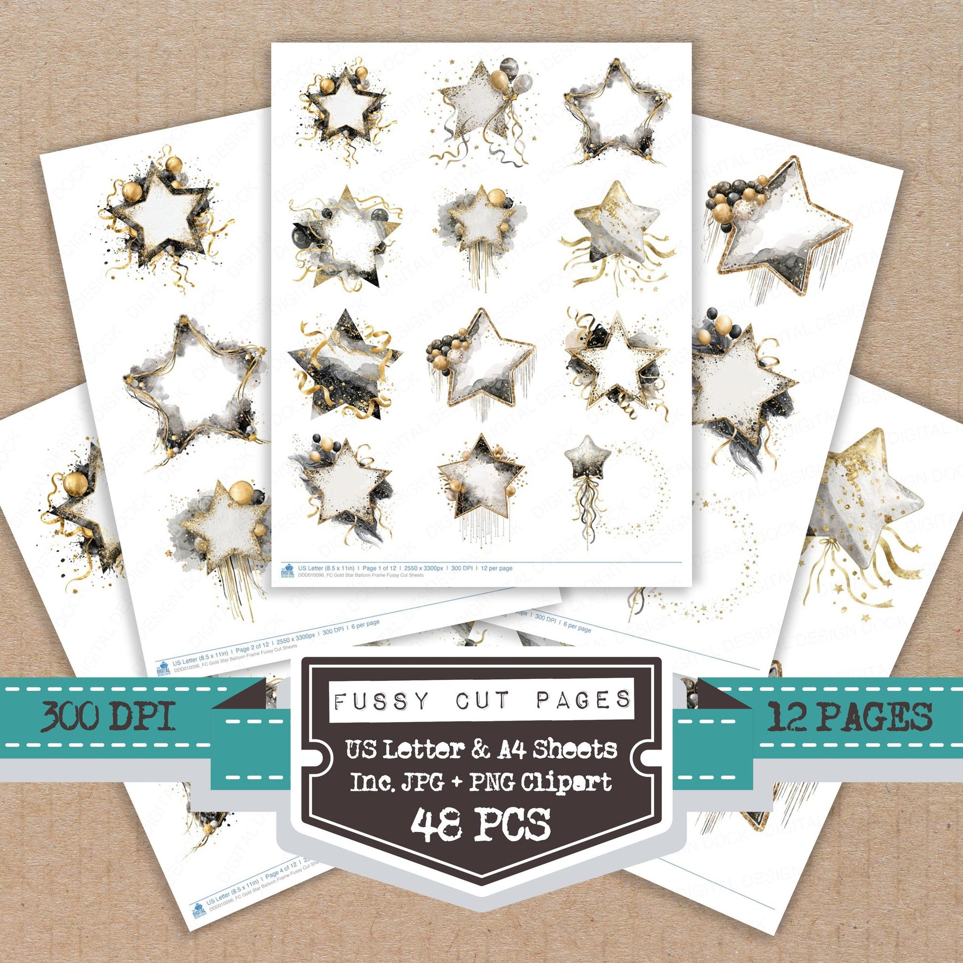 Gold Star Balloon Frame fussy cut printable sheets for junk journaling, scrapbooking, and paper craft projects