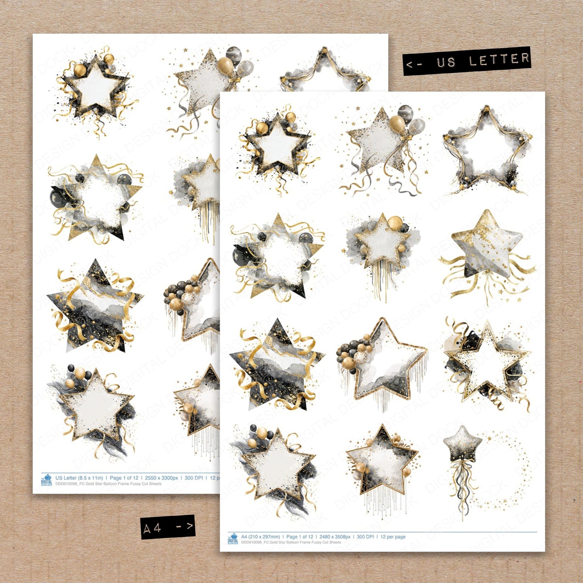 A4 and US Letter format comparison showing Gold Star Balloon Frame fussy cut pages for print and cut crafting