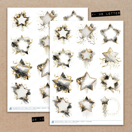 A4 and US Letter format comparison showing Gold Star Balloon Frame fussy cut pages for print and cut crafting