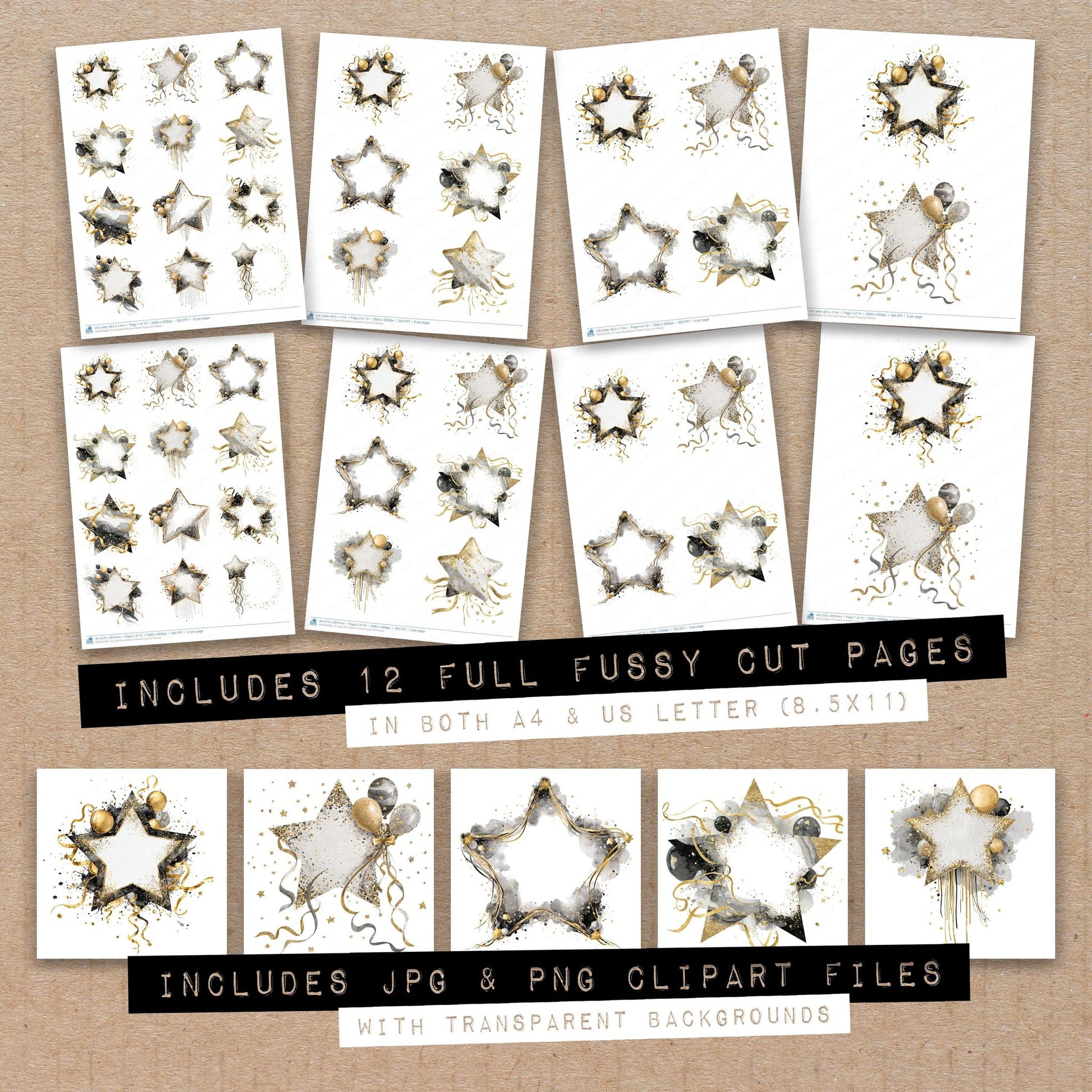 Full collection view of Gold Star Balloon Frame fussy cut sheets with bonus clipart JPG and PNG files