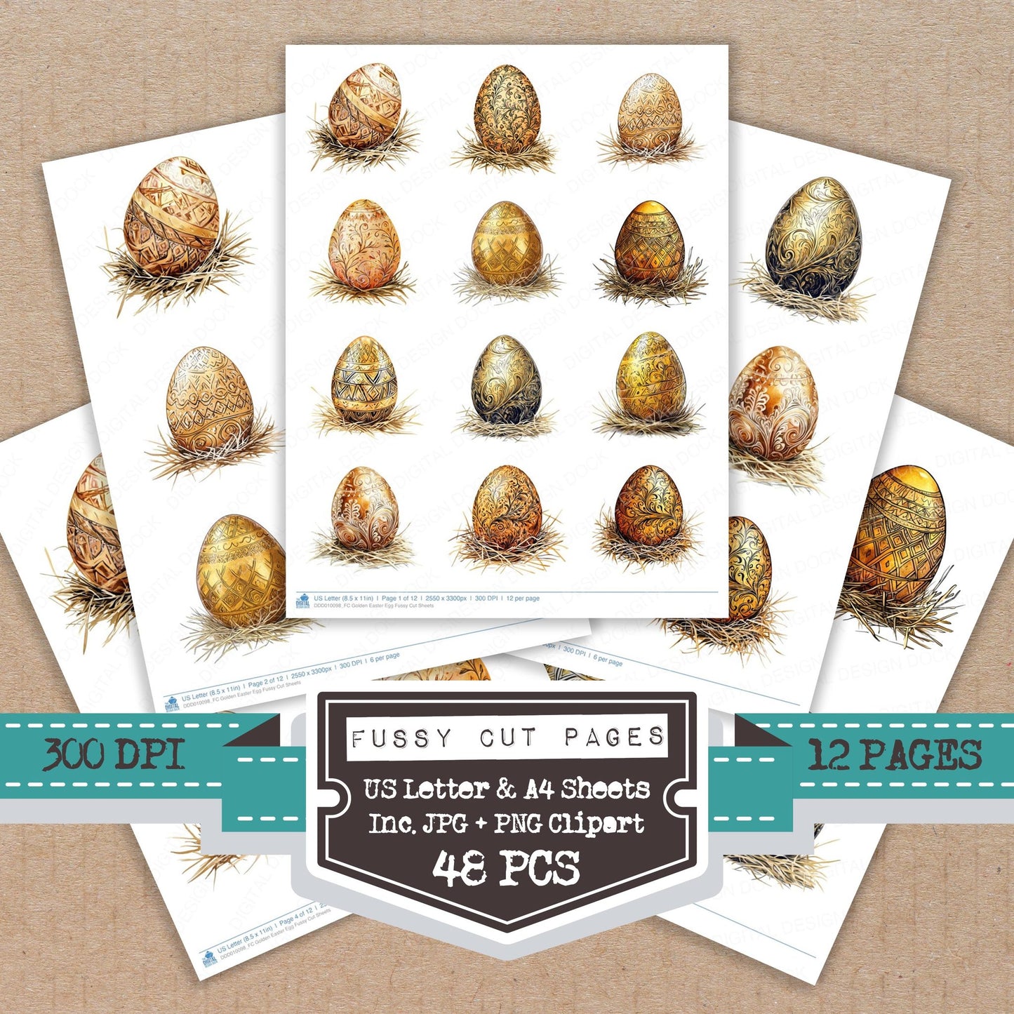 Golden Easter Egg fussy cut printable sheets for junk journaling, scrapbooking, and paper craft projects