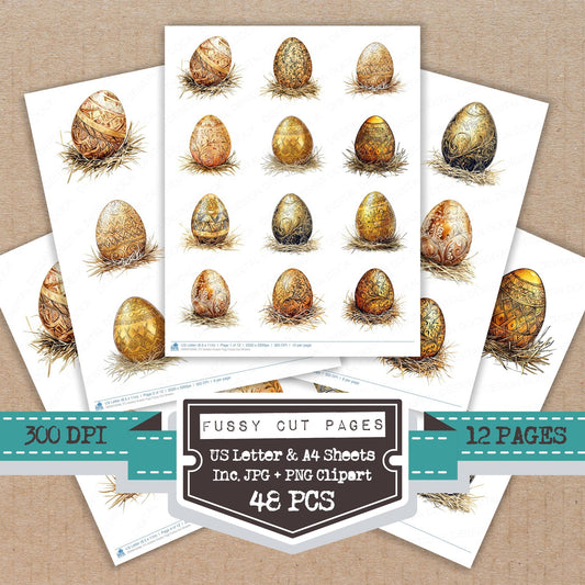 Golden Easter Egg fussy cut printable sheets for junk journaling, scrapbooking, and paper craft projects