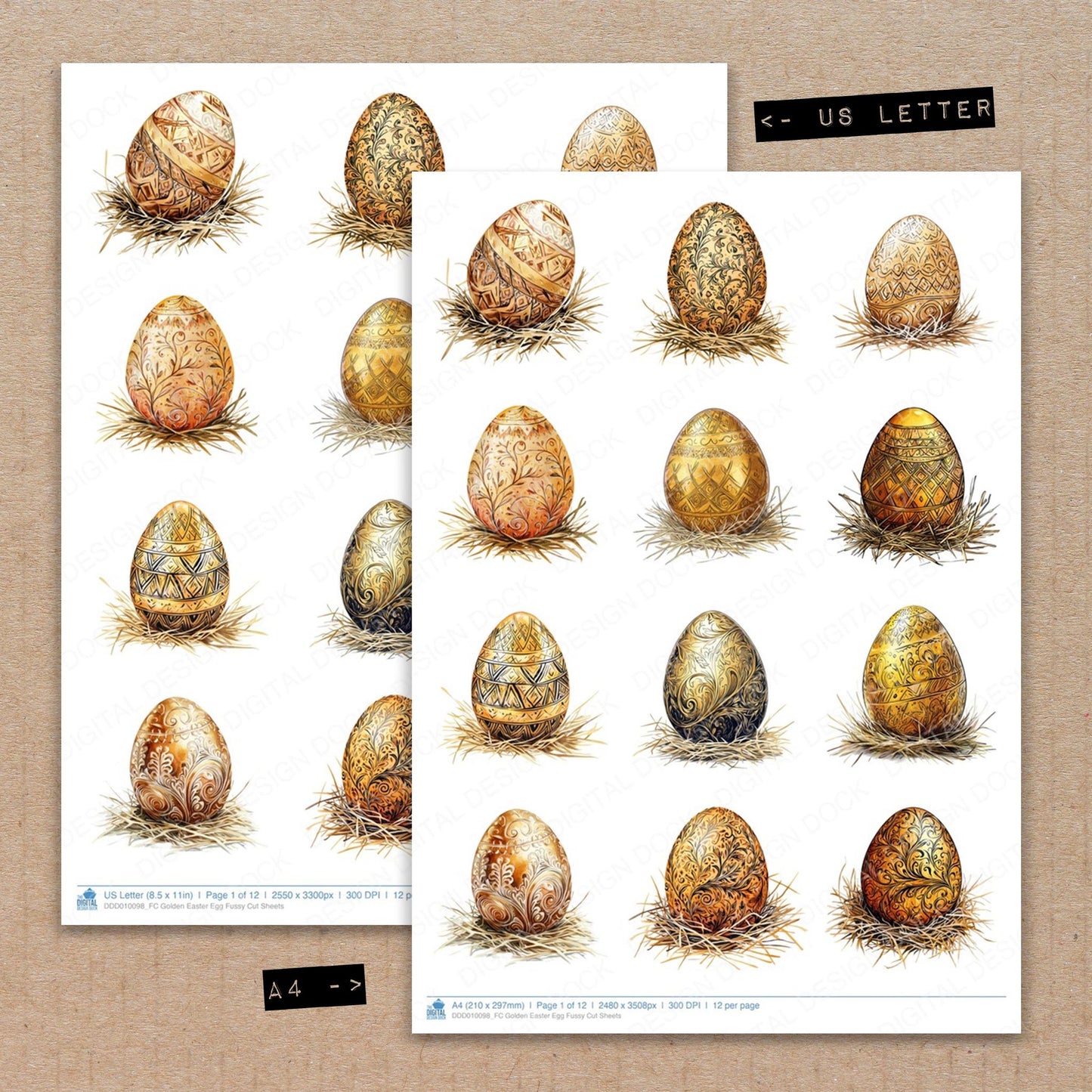 A4 and US Letter format comparison showing Golden Easter Egg fussy cut pages for print and cut crafting