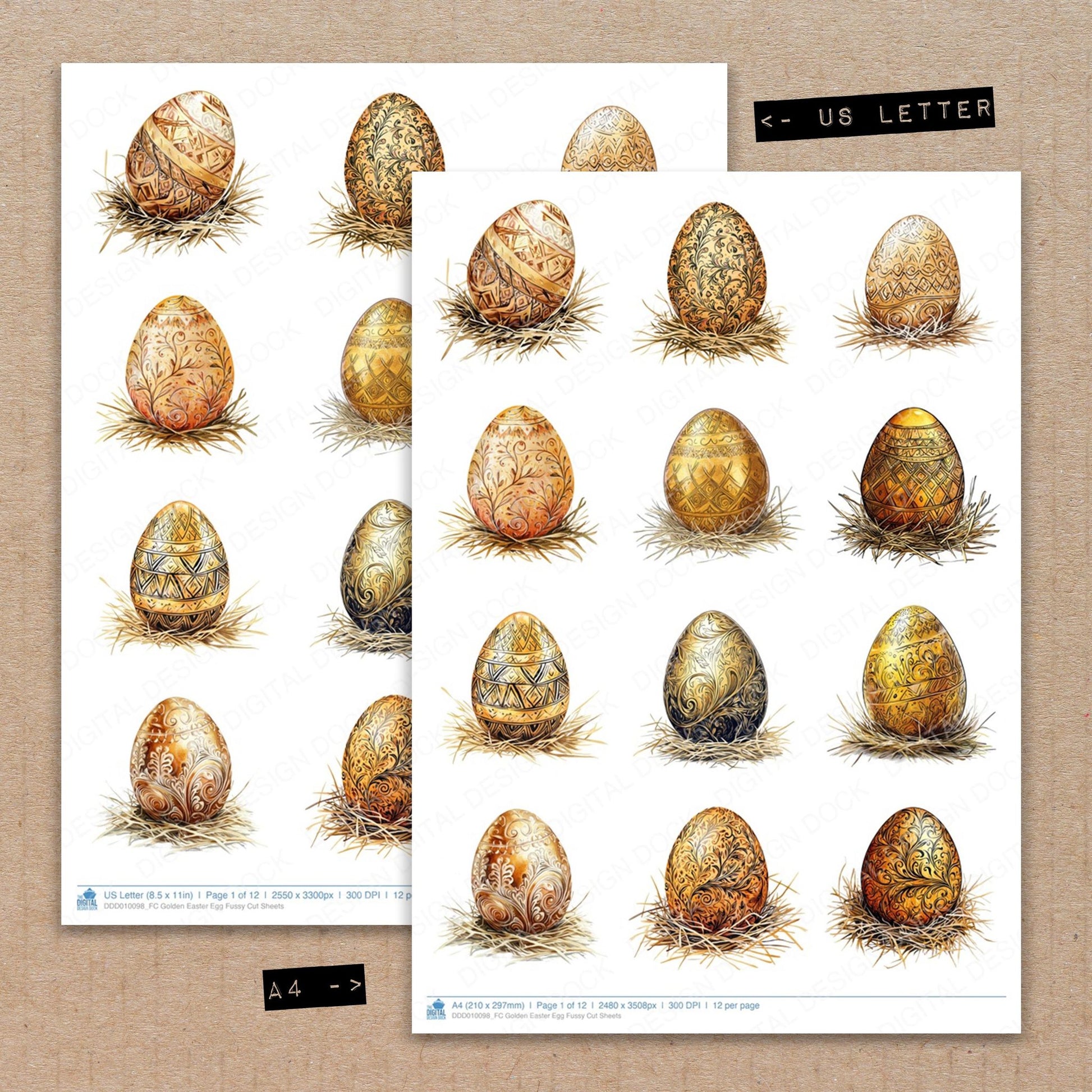 A4 and US Letter format comparison showing Golden Easter Egg fussy cut pages for print and cut crafting