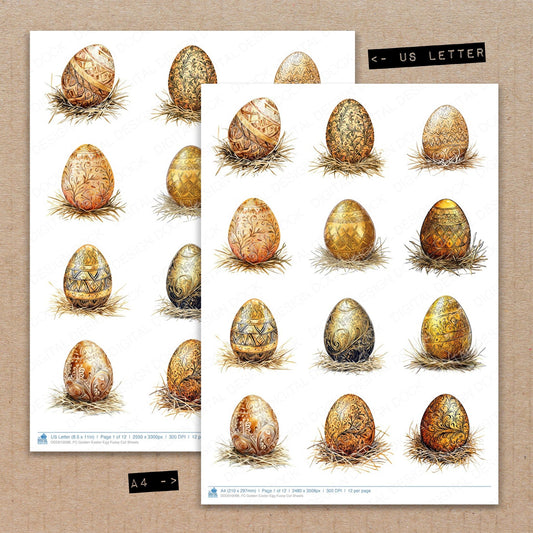 A4 and US Letter format comparison showing Golden Easter Egg fussy cut pages for print and cut crafting
