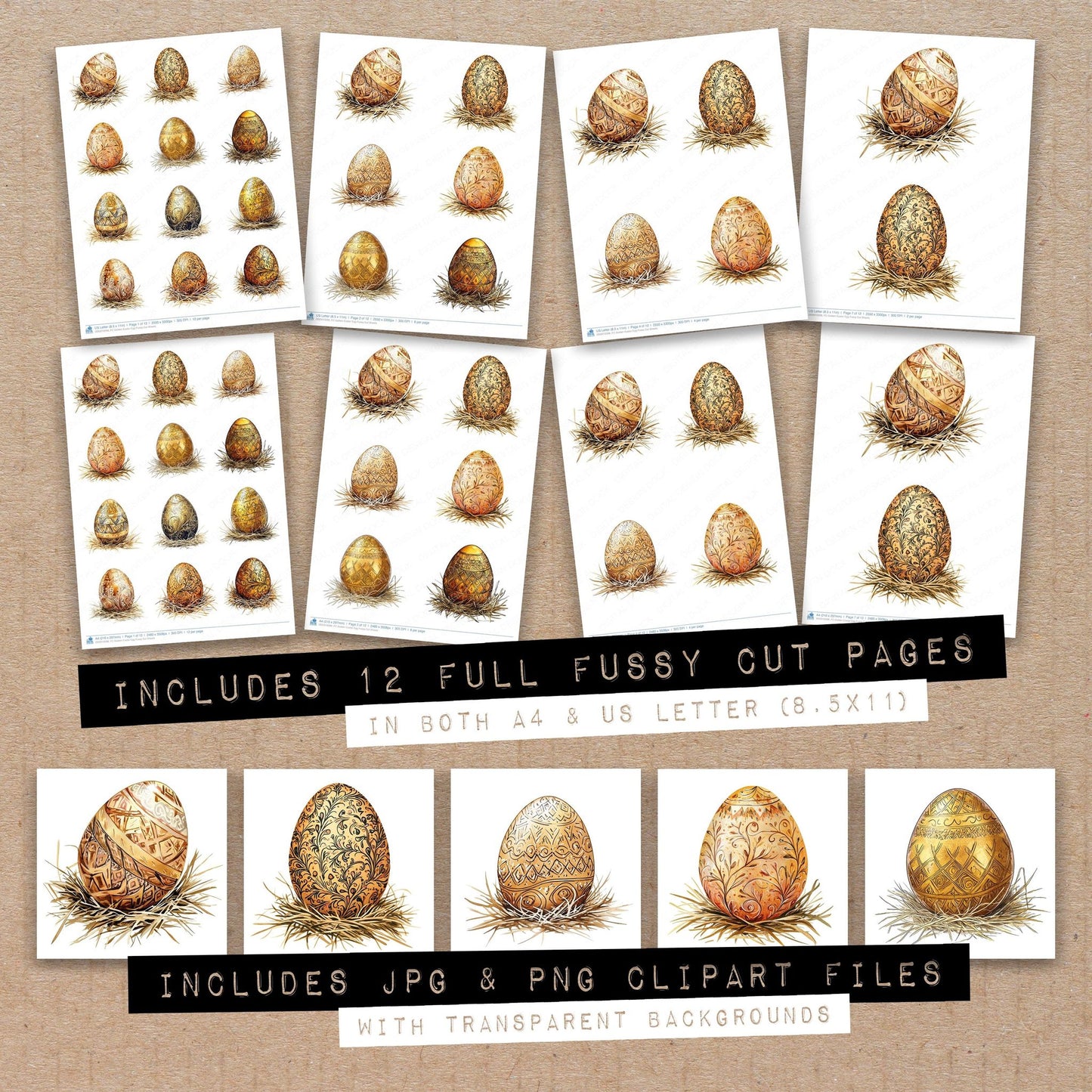 Full collection view of Golden Easter Egg fussy cut sheets with bonus clipart JPG and PNG files
