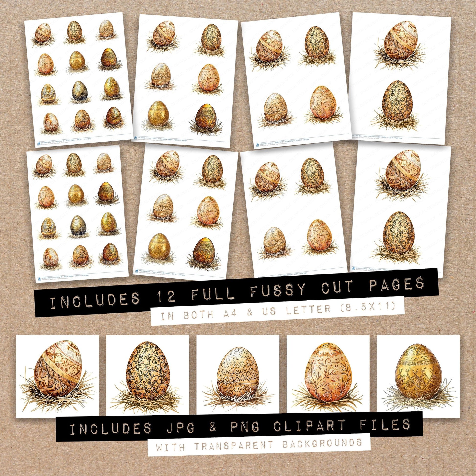 Full collection view of Golden Easter Egg fussy cut sheets with bonus clipart JPG and PNG files