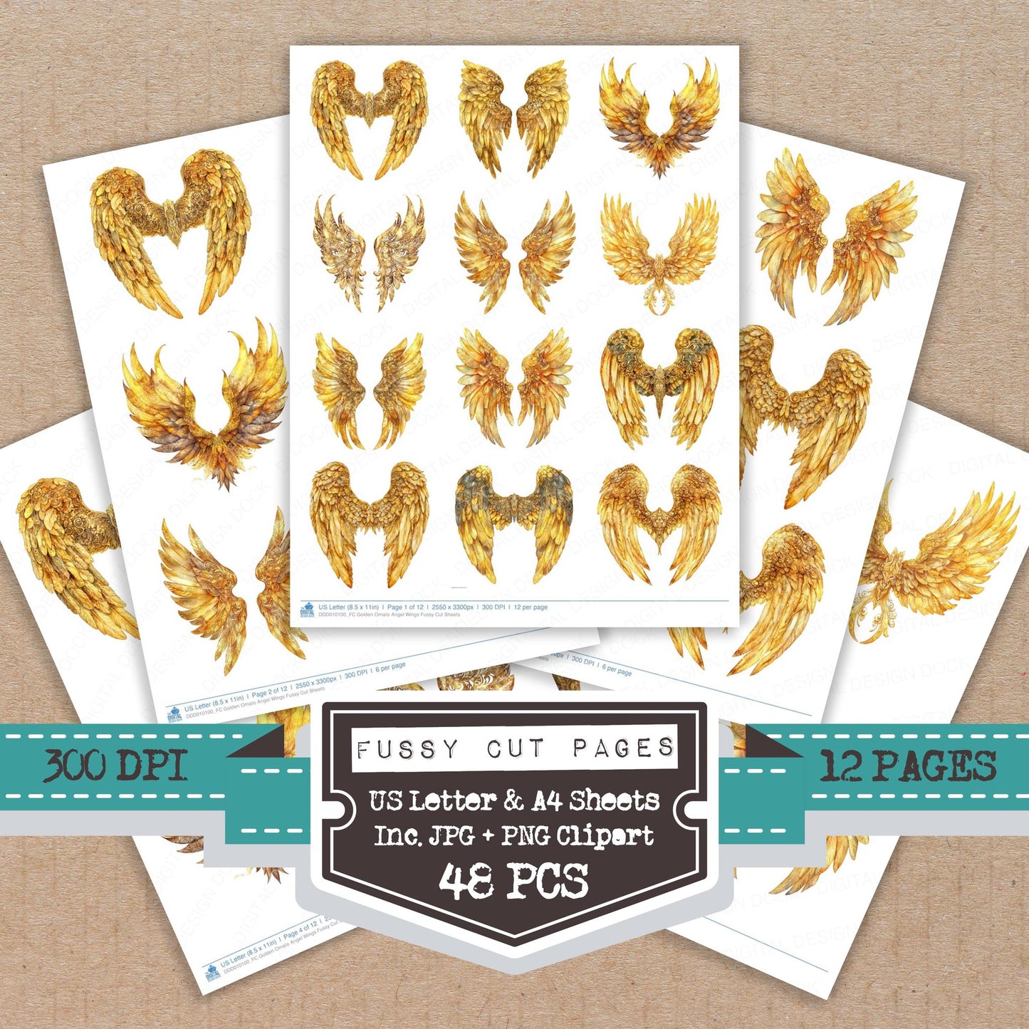 Golden Ornate Angel Wings fussy cut printable sheets for junk journaling, scrapbooking, and paper craft projects