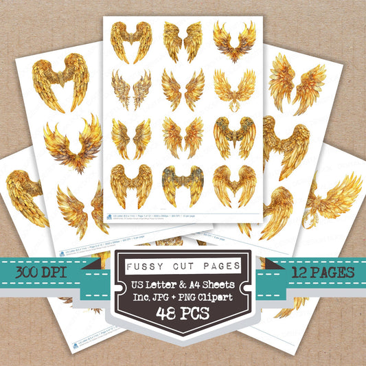 Golden Ornate Angel Wings fussy cut printable sheets for junk journaling, scrapbooking, and paper craft projects