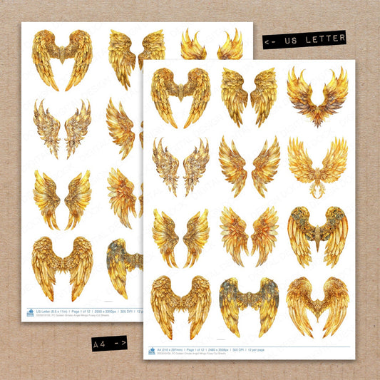 A4 and US Letter format comparison showing Golden Ornate Angel Wings fussy cut pages for print and cut crafting
