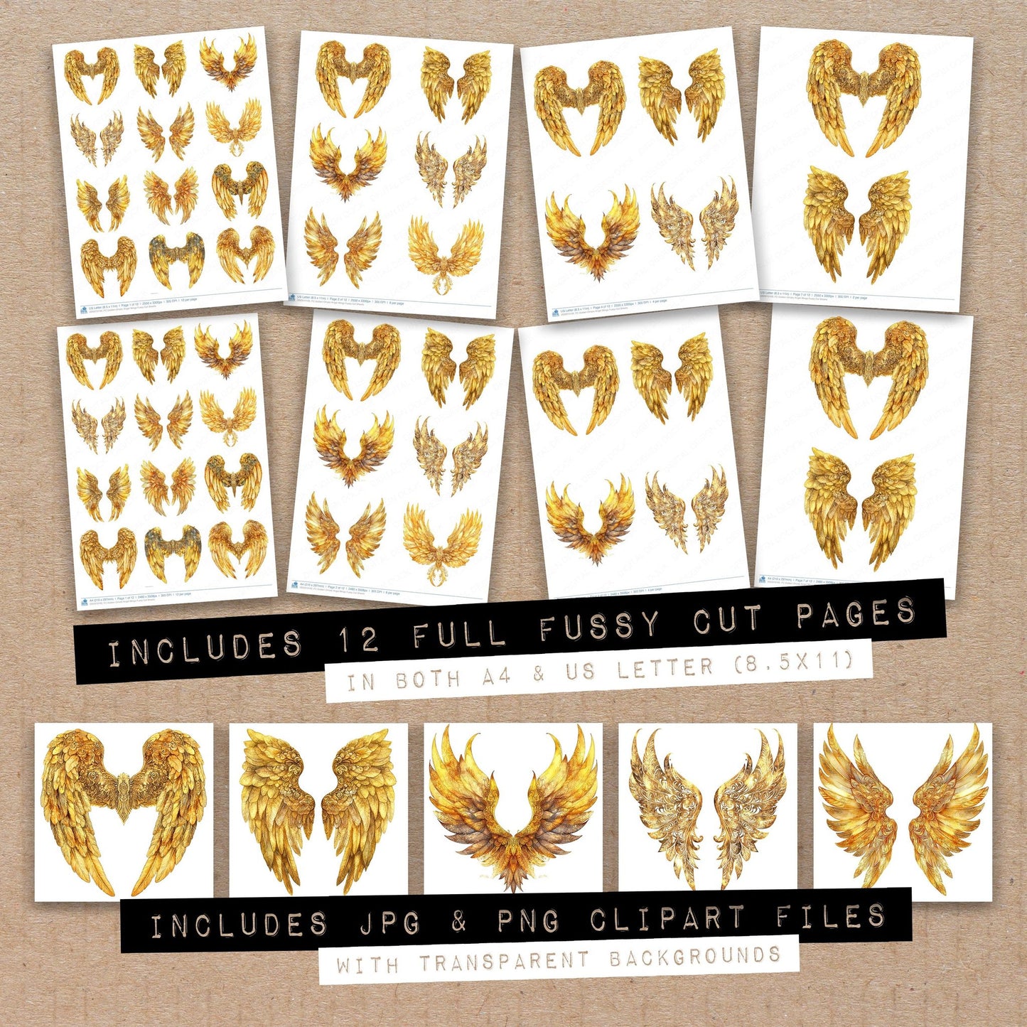 Full collection view of Golden Ornate Angel Wings fussy cut sheets with bonus clipart JPG and PNG files
