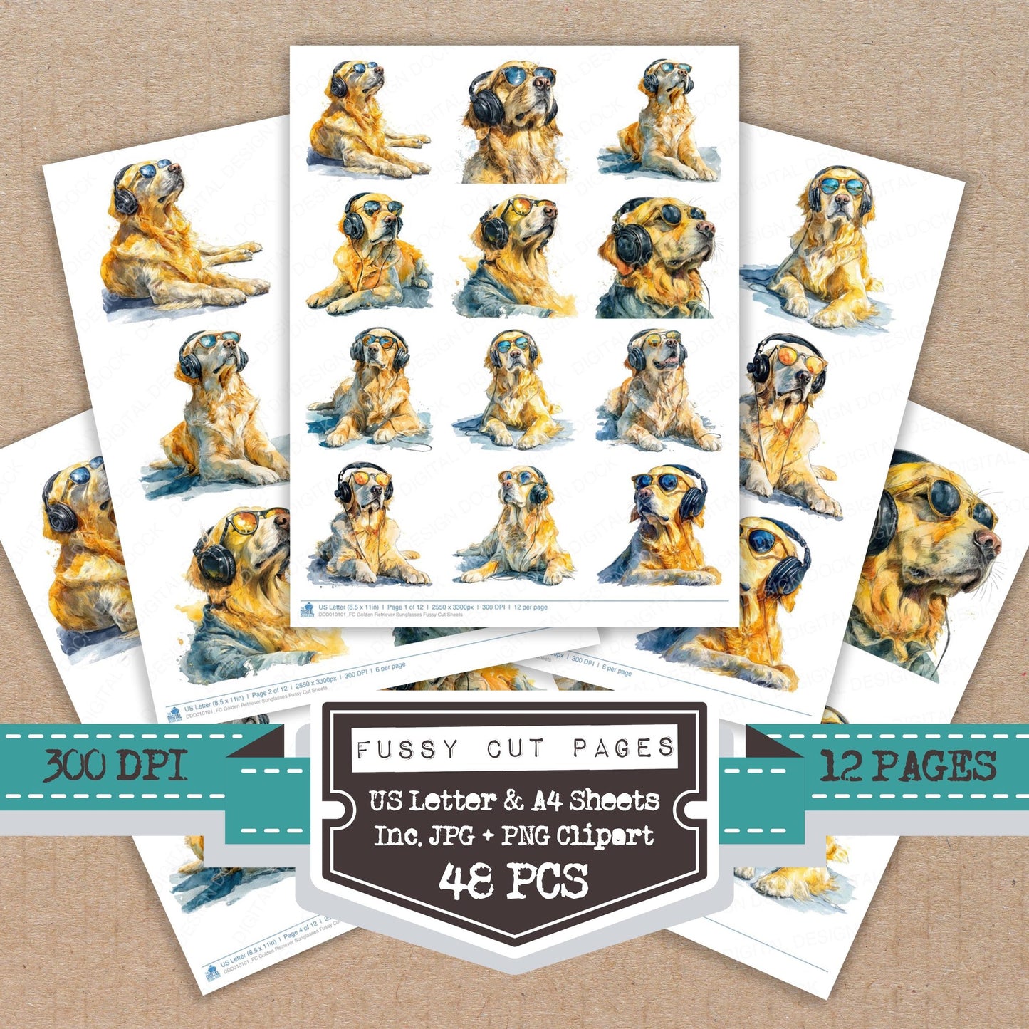 Golden Retriever Sunglasses fussy cut printable sheets for junk journaling, scrapbooking, and paper craft projects