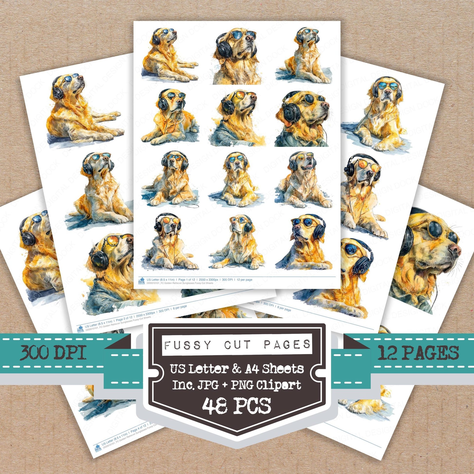 Golden Retriever Sunglasses fussy cut printable sheets for junk journaling, scrapbooking, and paper craft projects