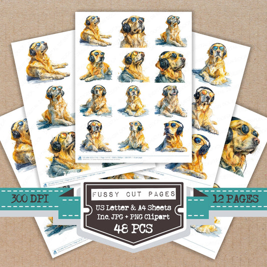 Golden Retriever Sunglasses fussy cut printable sheets for junk journaling, scrapbooking, and paper craft projects