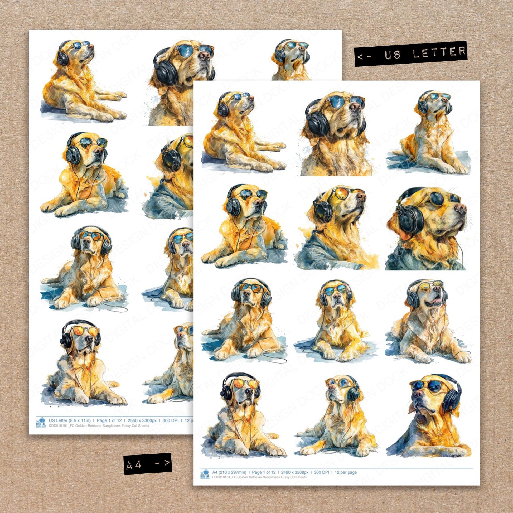 A4 and US Letter format comparison showing Golden Retriever Sunglasses fussy cut pages for print and cut crafting