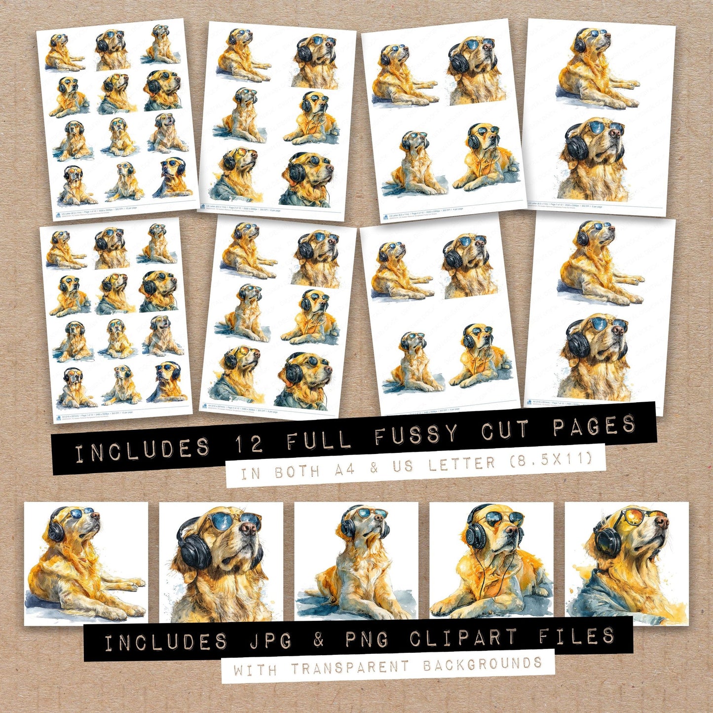 Full collection view of Golden Retriever Sunglasses fussy cut sheets with bonus clipart JPG and PNG files
