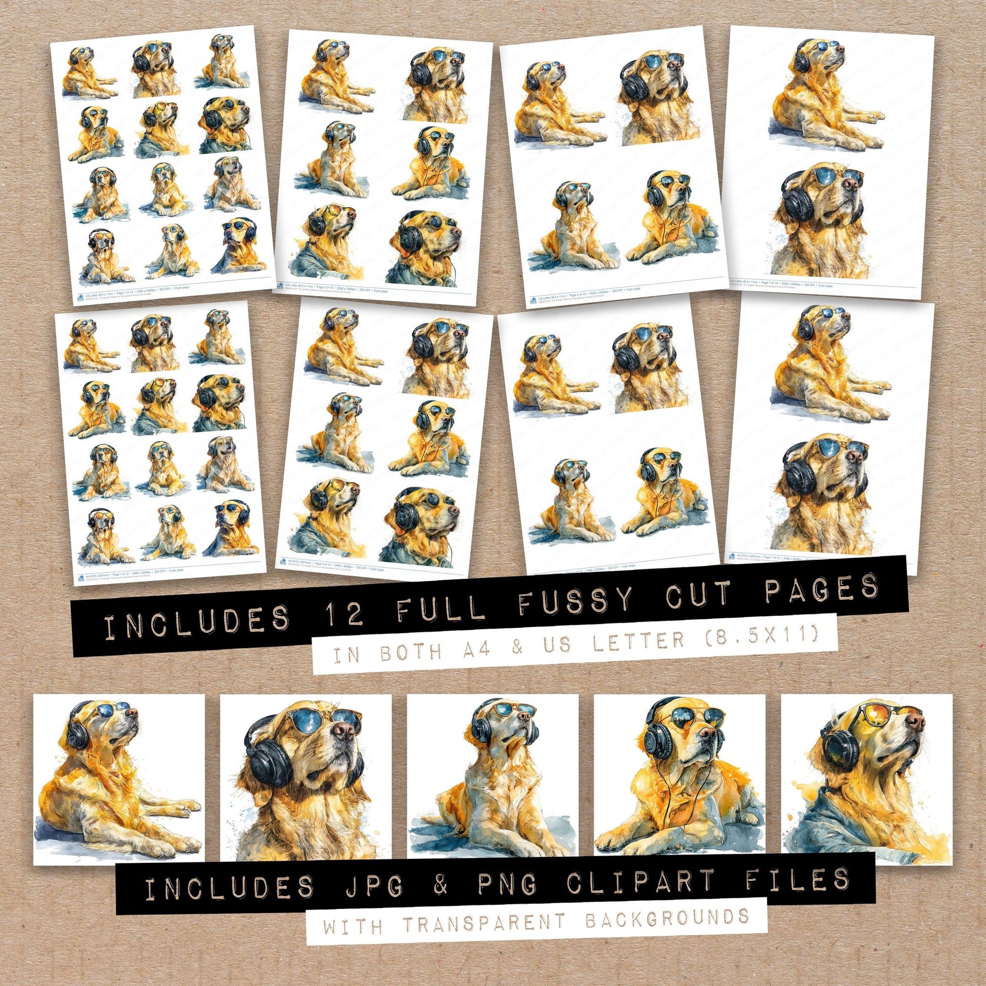 Full collection view of Golden Retriever Sunglasses fussy cut sheets with bonus clipart JPG and PNG files