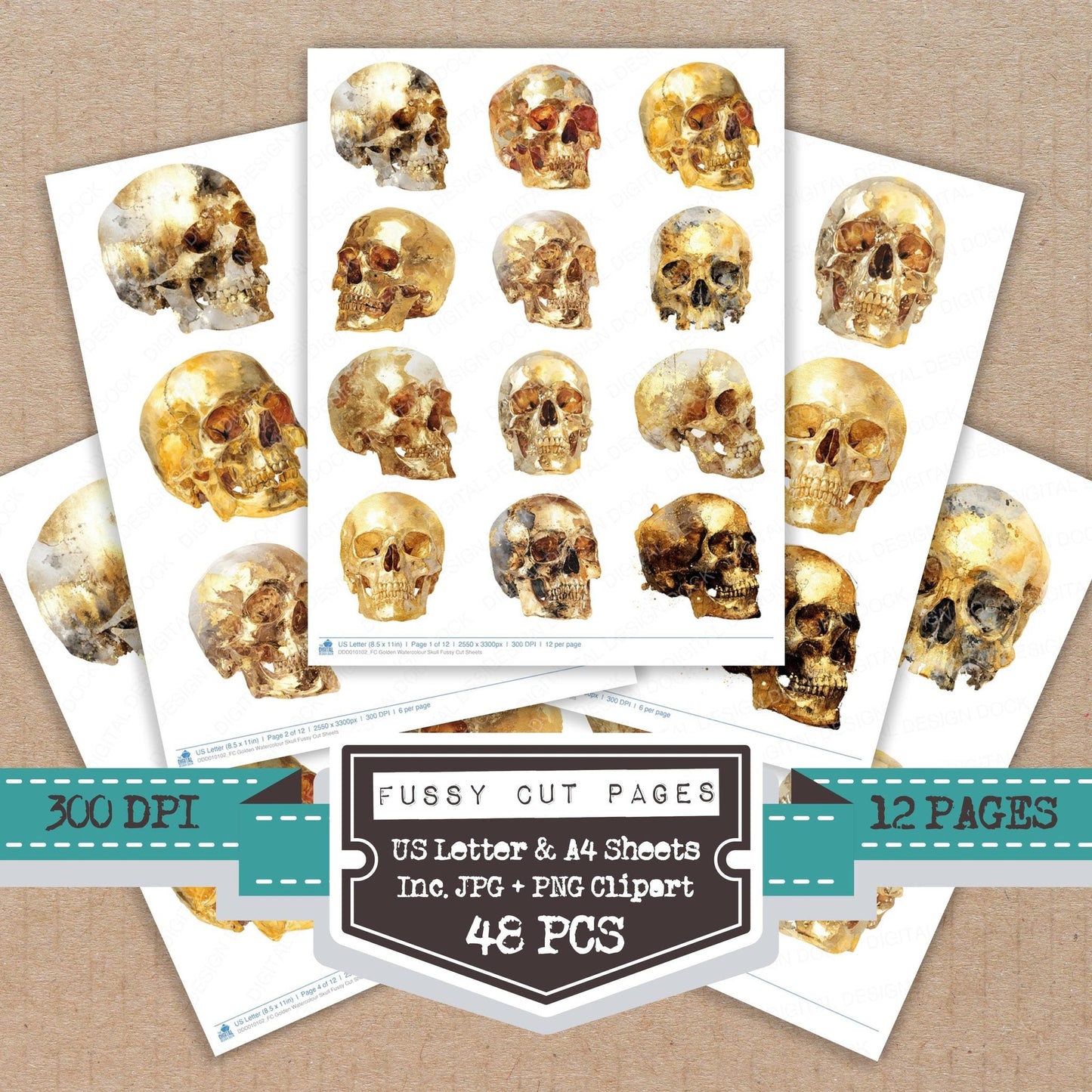 Golden Watercolour Skull Fussy Cut Sheets (DDD010102)