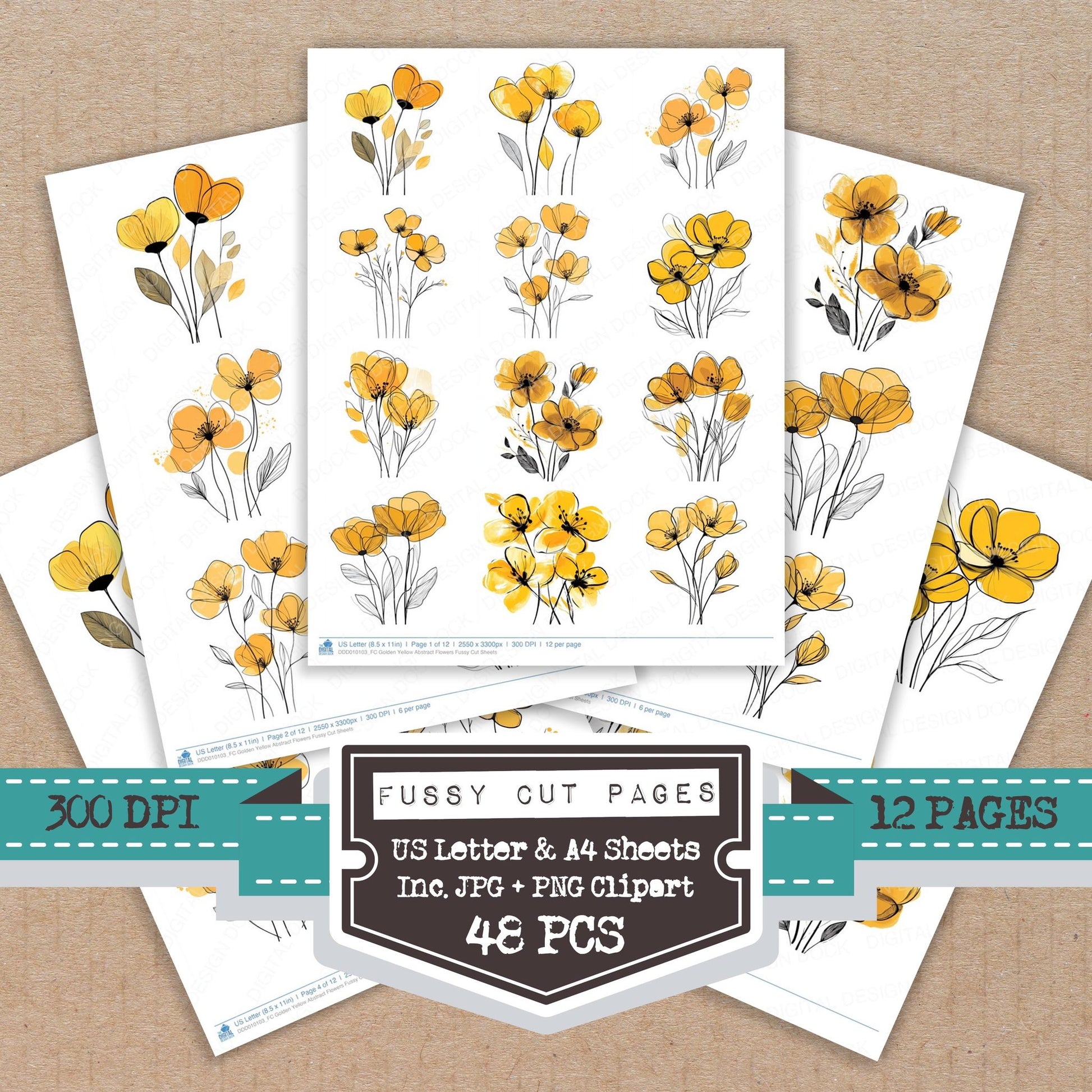 Golden Yellow Abstract Flowers fussy cut printable sheets for junk journaling, scrapbooking, and paper craft projects