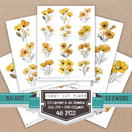 Golden Yellow Abstract Flowers fussy cut printable sheets for junk journaling, scrapbooking, and paper craft projects
