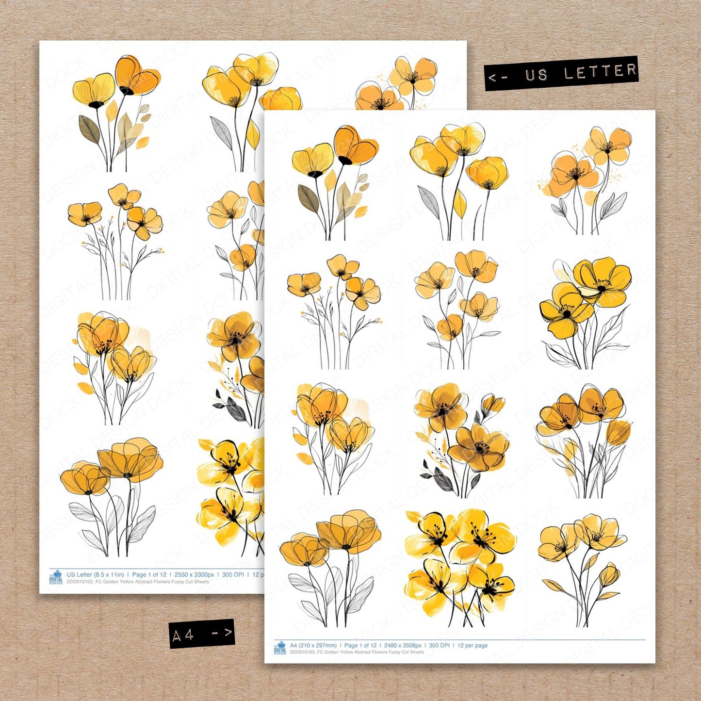 A4 and US Letter format comparison showing Golden Yellow Abstract Flowers fussy cut pages for print and cut crafting