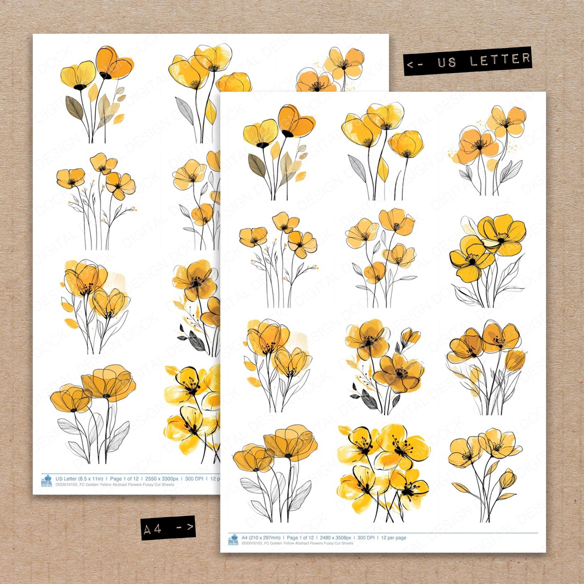 A4 and US Letter format comparison showing Golden Yellow Abstract Flowers fussy cut pages for print and cut crafting