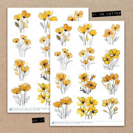 A4 and US Letter format comparison showing Golden Yellow Abstract Flowers fussy cut pages for print and cut crafting