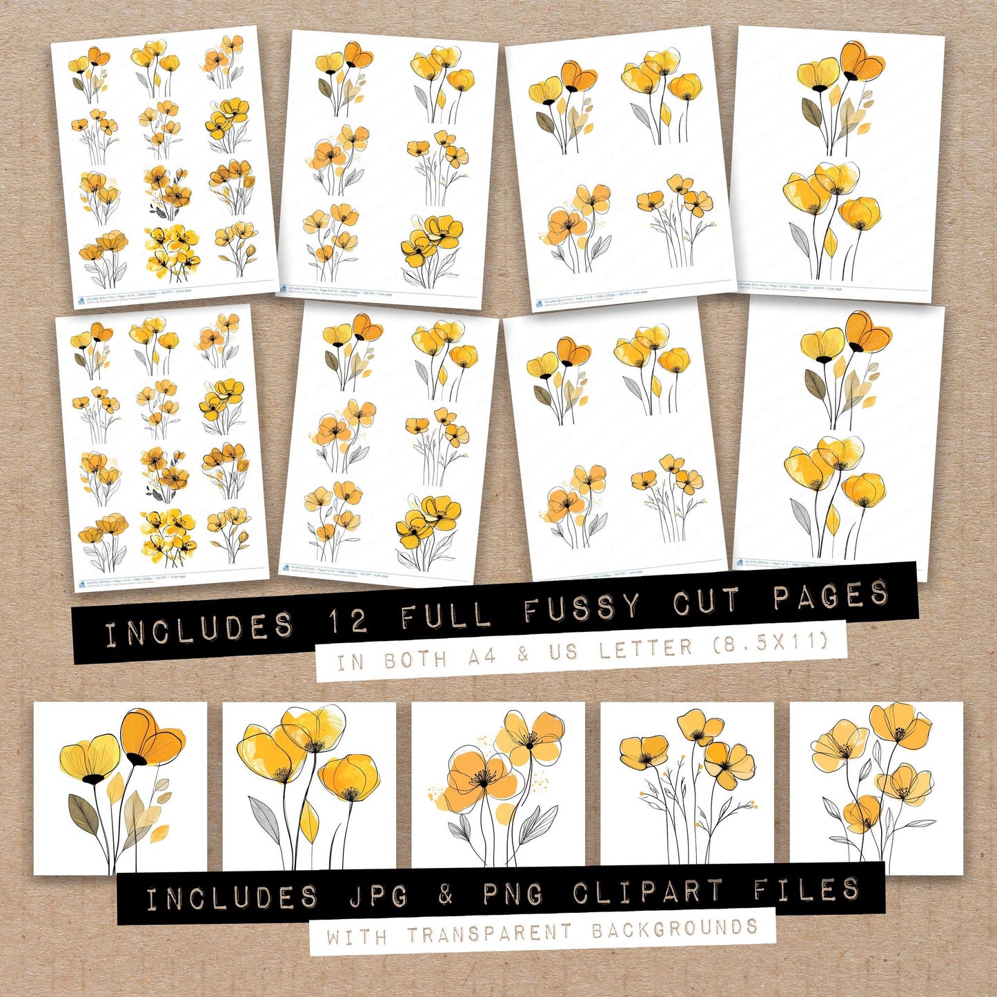 Full collection view of Golden Yellow Abstract Flowers fussy cut sheets with bonus clipart JPG and PNG files
