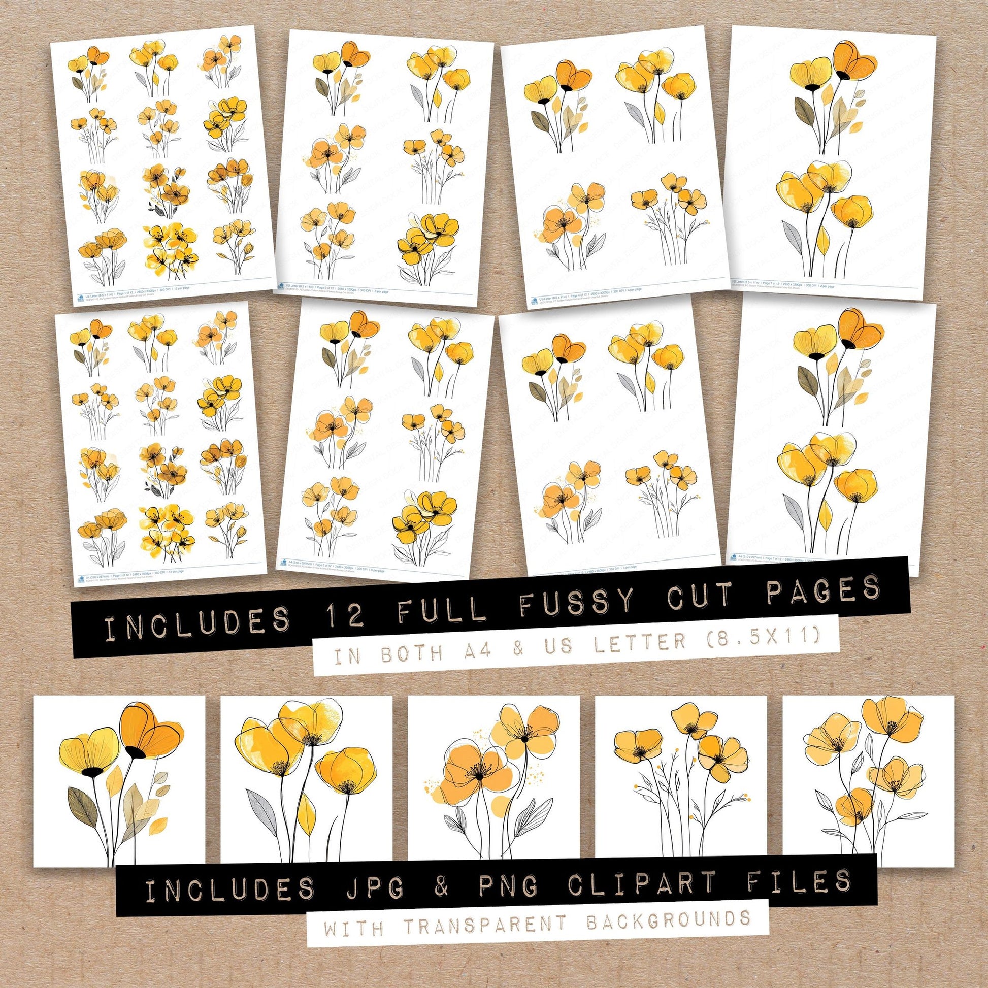 Full collection view of Golden Yellow Abstract Flowers fussy cut sheets with bonus clipart JPG and PNG files