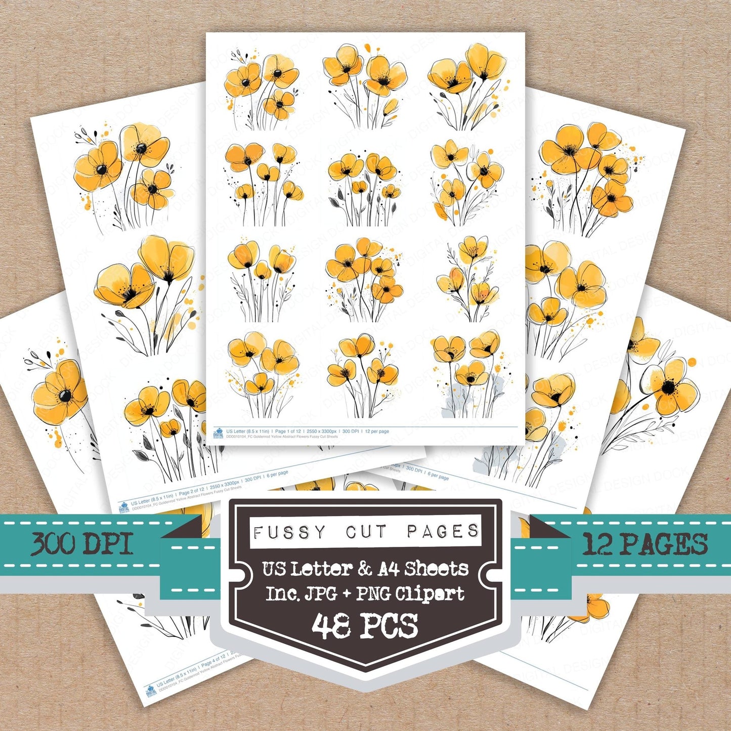 Goldenrod Yellow Abstract Flowers Fussy Cut Sheets (DDD010104)