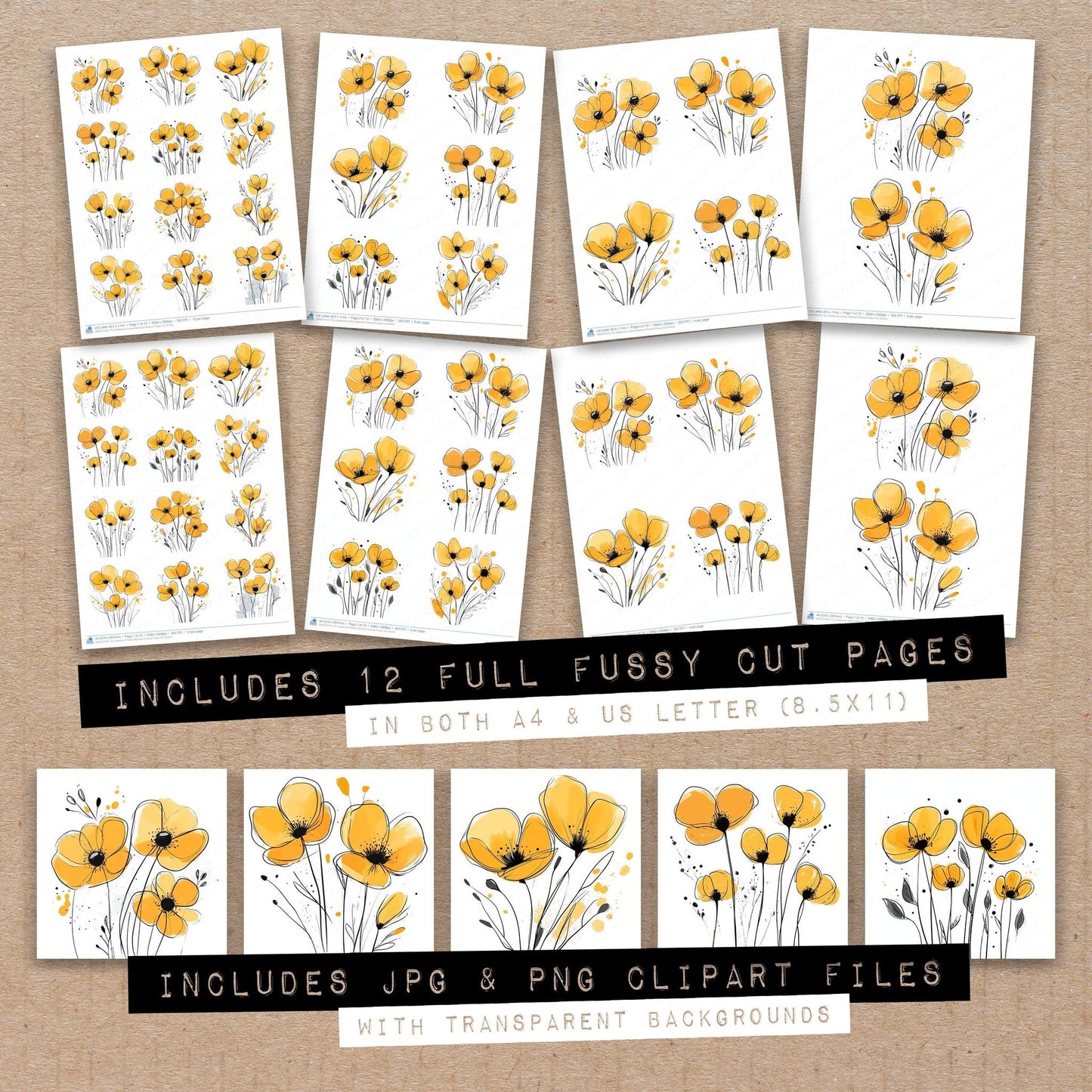 Goldenrod Yellow Abstract Flowers Fussy Cut Sheets (DDD010104)