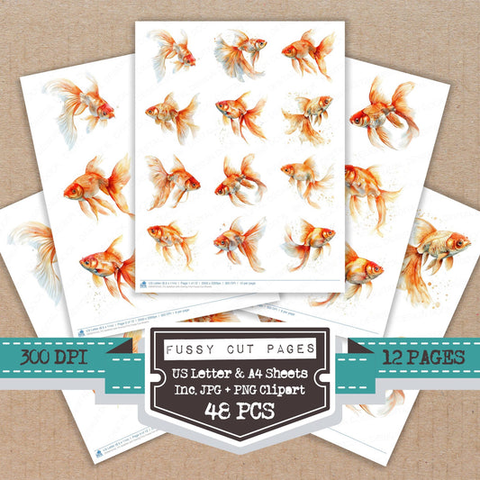 Goldfish with flowing Fins fussy cut printable sheets for junk journaling, scrapbooking, and paper craft projects
