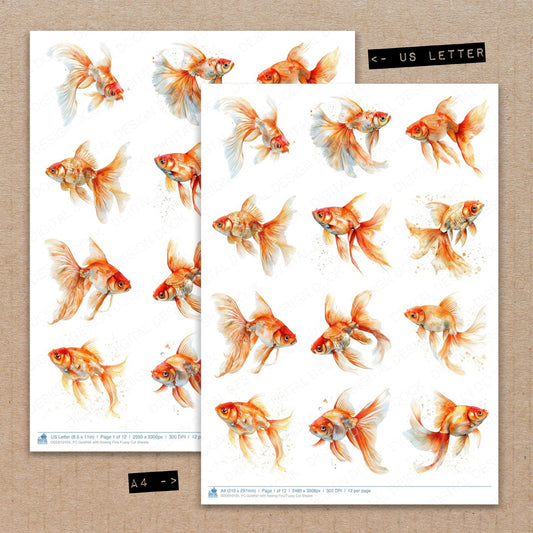 A4 and US Letter format comparison showing Goldfish with flowing Fins fussy cut pages for print and cut crafting