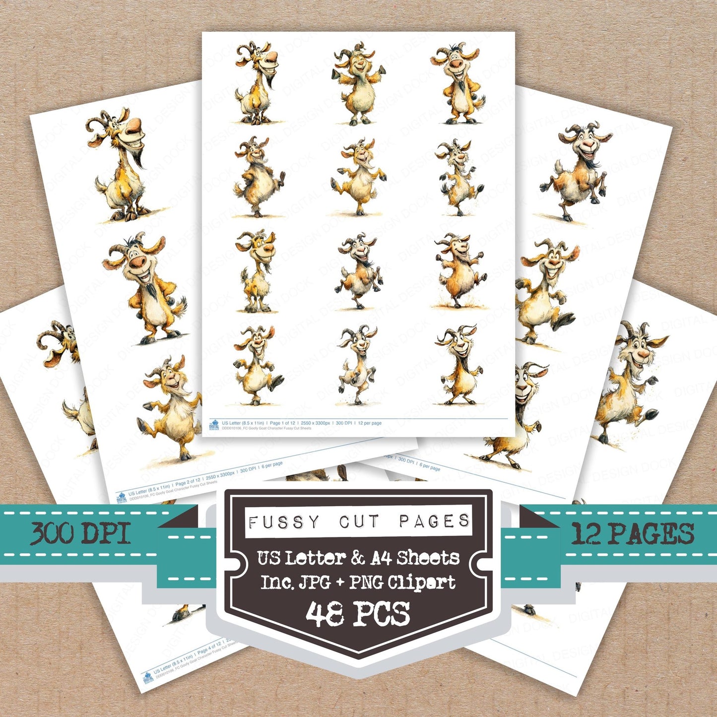 Goofy Goat Character fussy cut printable sheets for junk journaling, scrapbooking, and paper craft projects