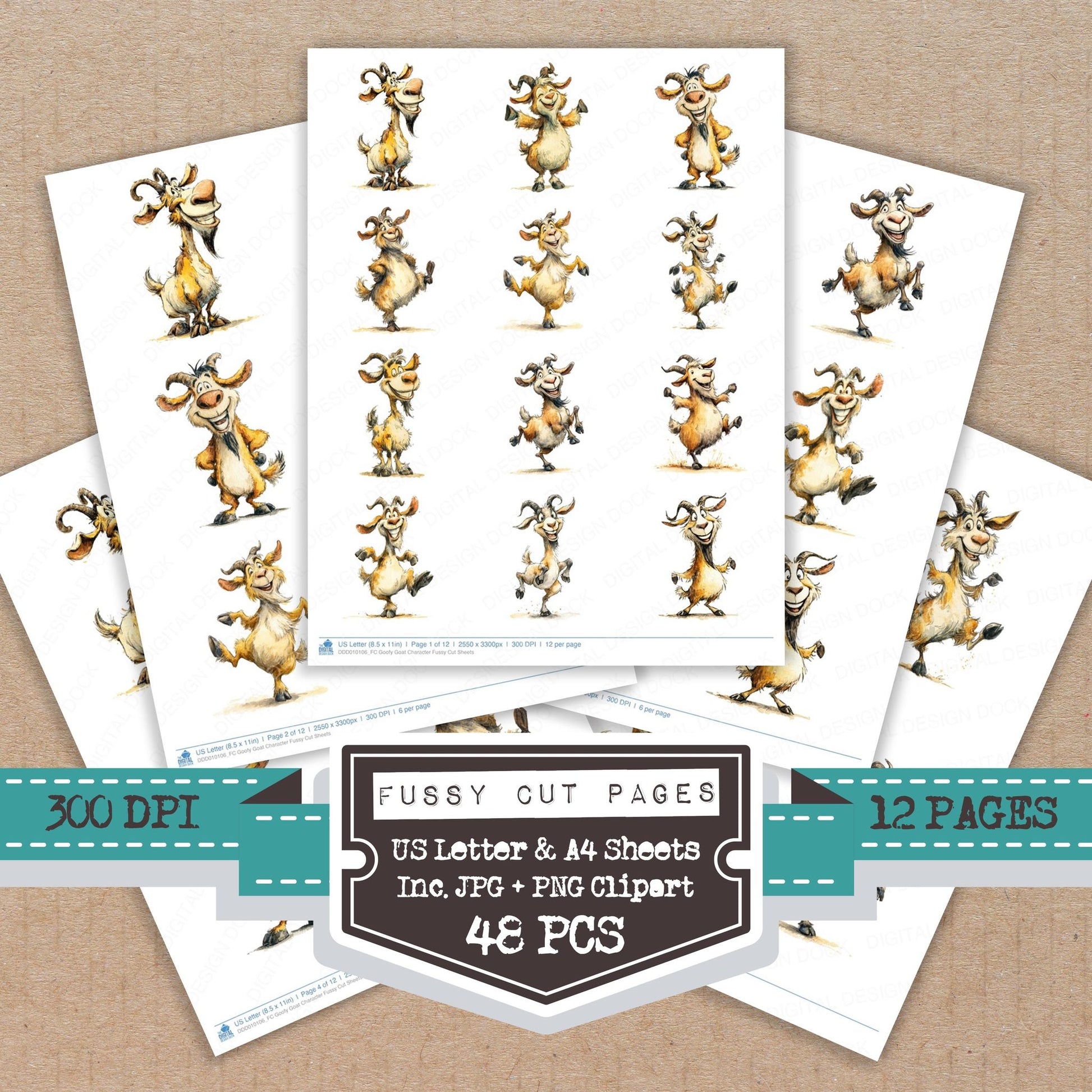 Goofy Goat Character fussy cut printable sheets for junk journaling, scrapbooking, and paper craft projects
